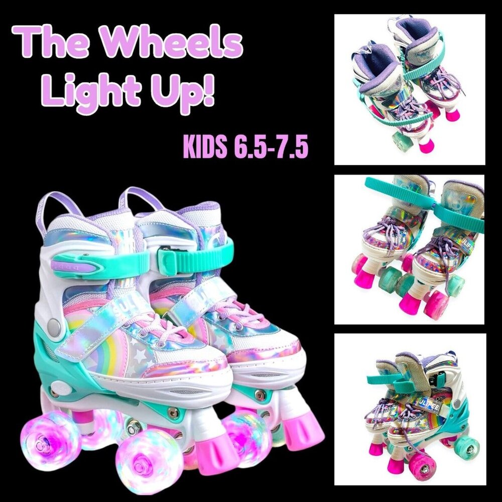 Sulifeel Roller Skates Size 6.5-7.5 Rainbow Adjustable Light Up Glitter Wheels!